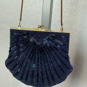 Chic Navy Beaded Clutch with Gold Accents